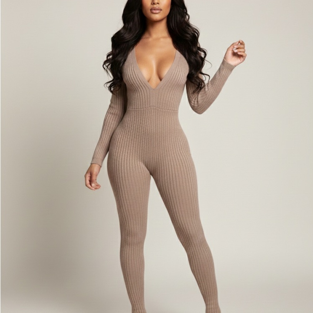 Fashion Nova Ribbed Tan Jumpsuit